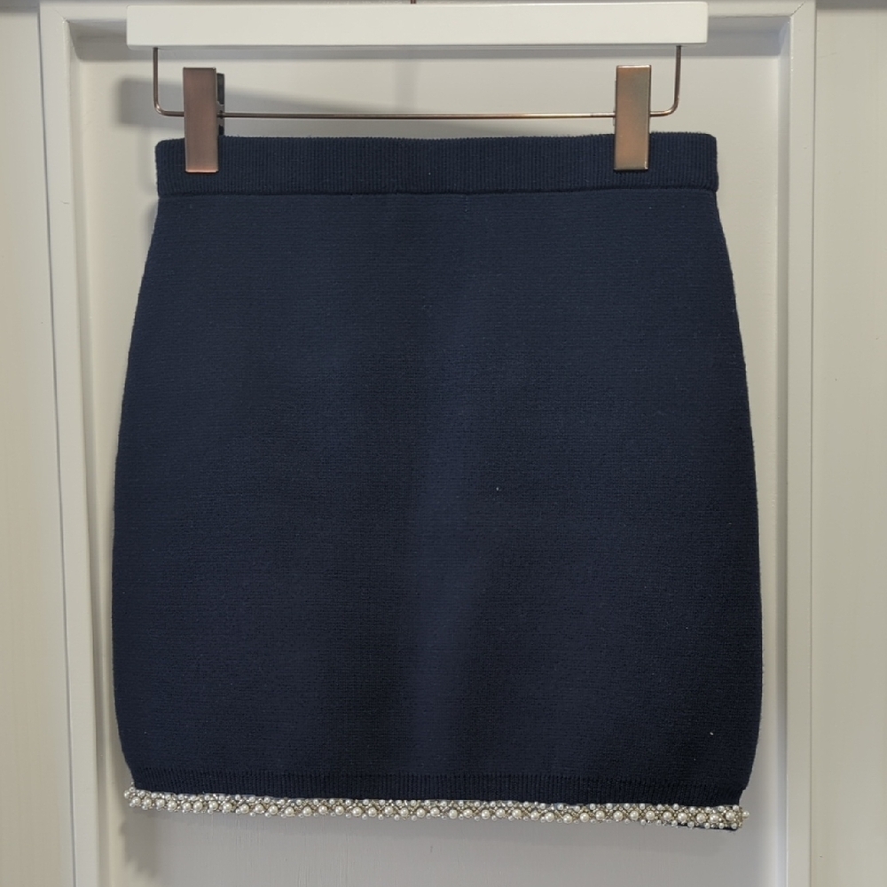 Navy Blue Cardigan and Slip Skirt Set with White Beaded Trim Details Size Medium - Picture 9 of 11